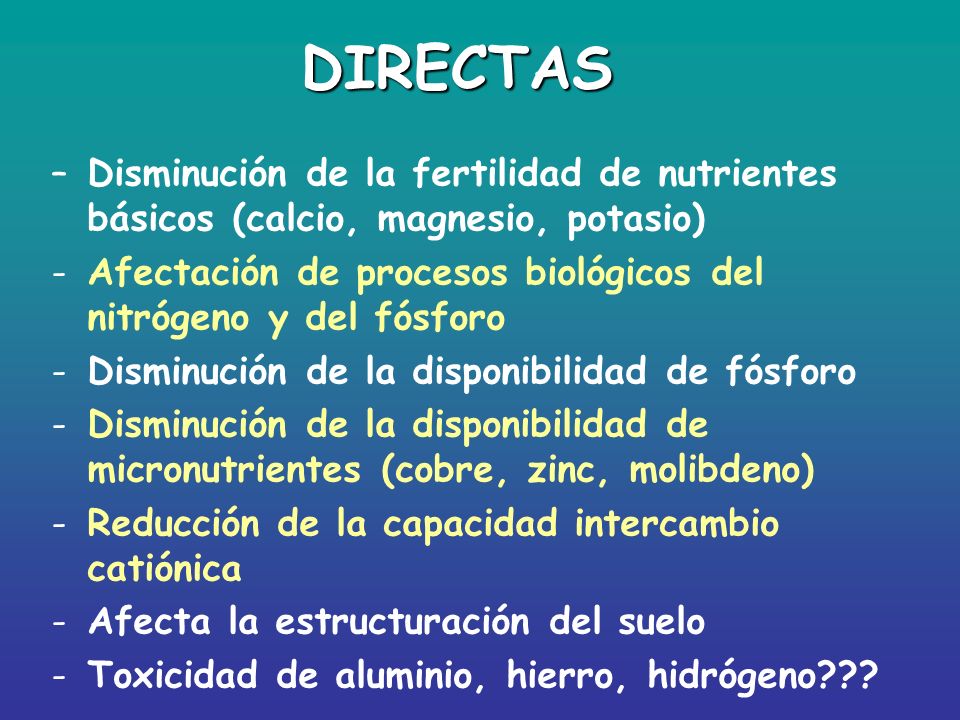 DIRECTAS Disminución de la fertilidad de nutrientes básicos (calcio, magnesio, potasio)