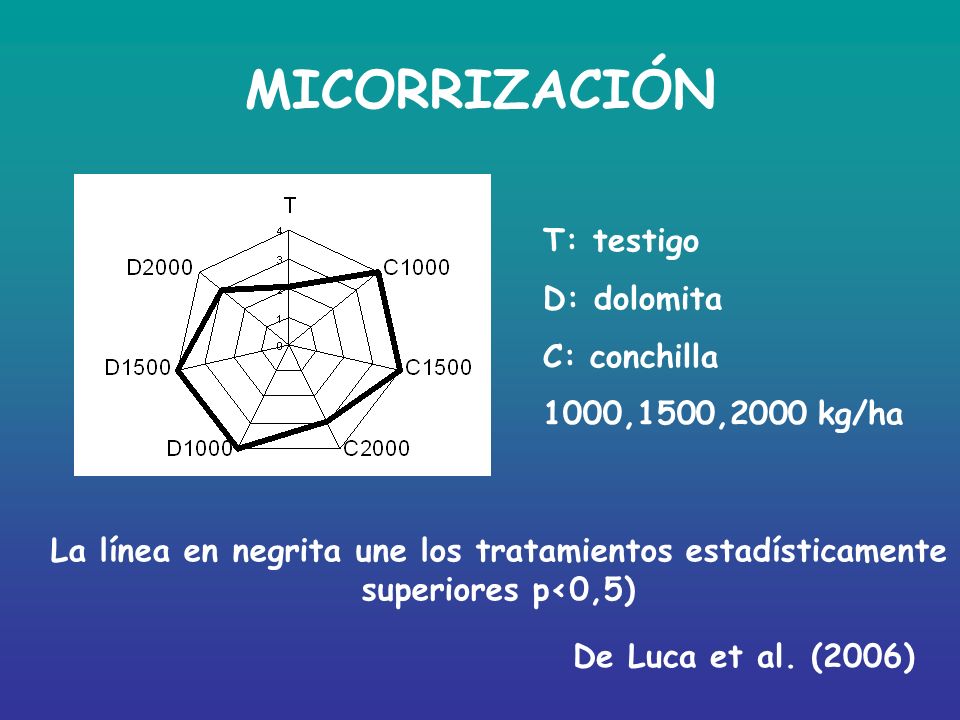 MICORRIZACIÓN T: testigo D: dolomita C: conchilla 1000,1500,2000 kg/ha