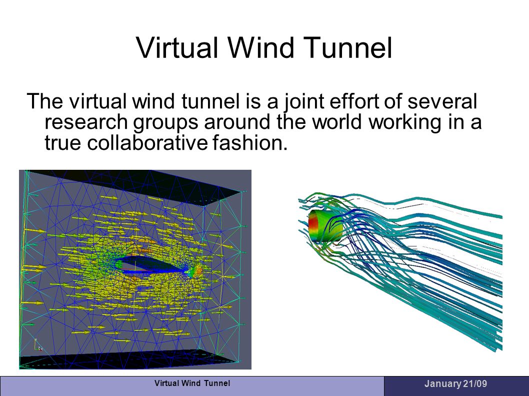 Virtual Wind Tunnel The virtual wind tunnel is a joint effort of several research groups around the world working in a true collaborative fashion.
