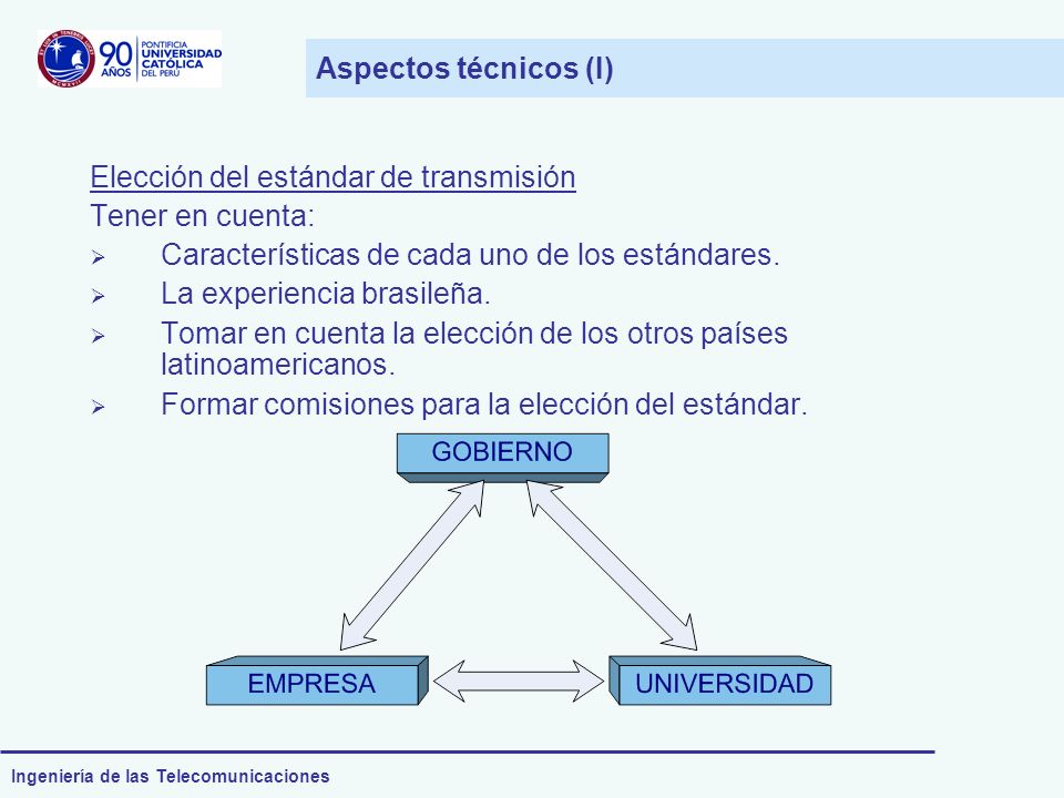 Aspectos técnicos (I) Elección del estándar de transmisión. Tener en cuenta: Características de cada uno de los estándares.