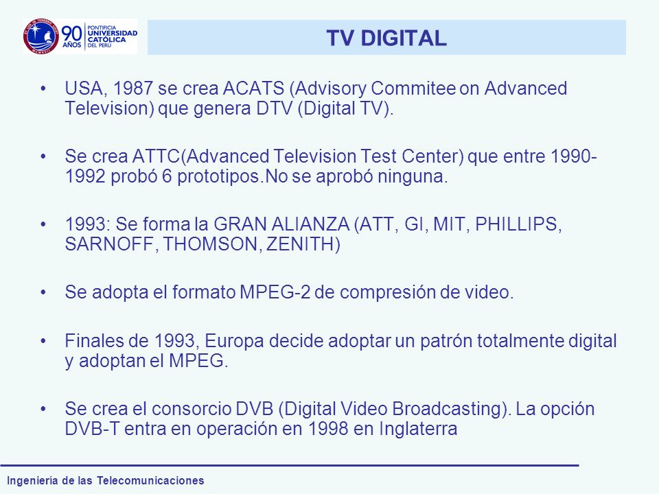 TV DIGITAL USA, 1987 se crea ACATS (Advisory Commitee on Advanced Television) que genera DTV (Digital TV).
