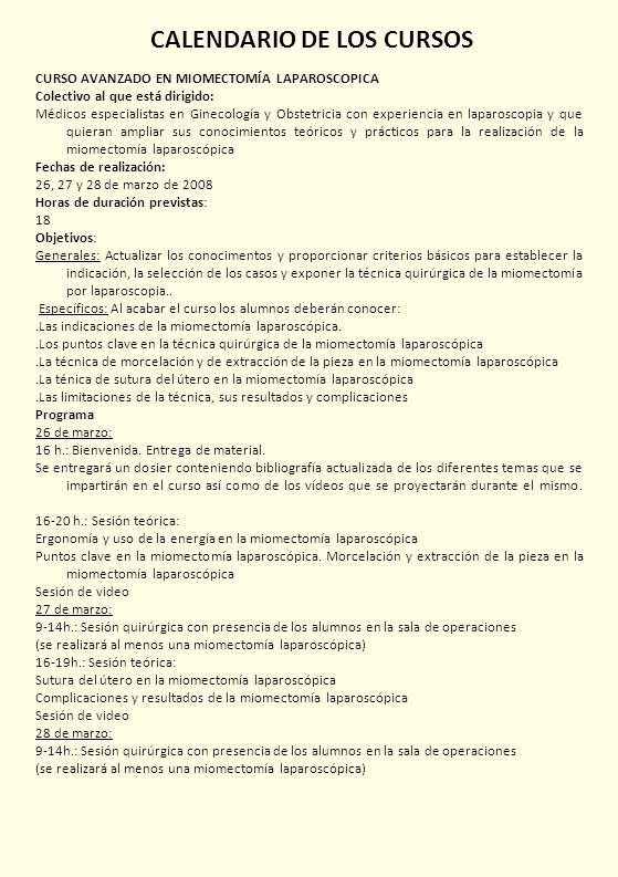 CALENDARIO DE LOS CURSOS