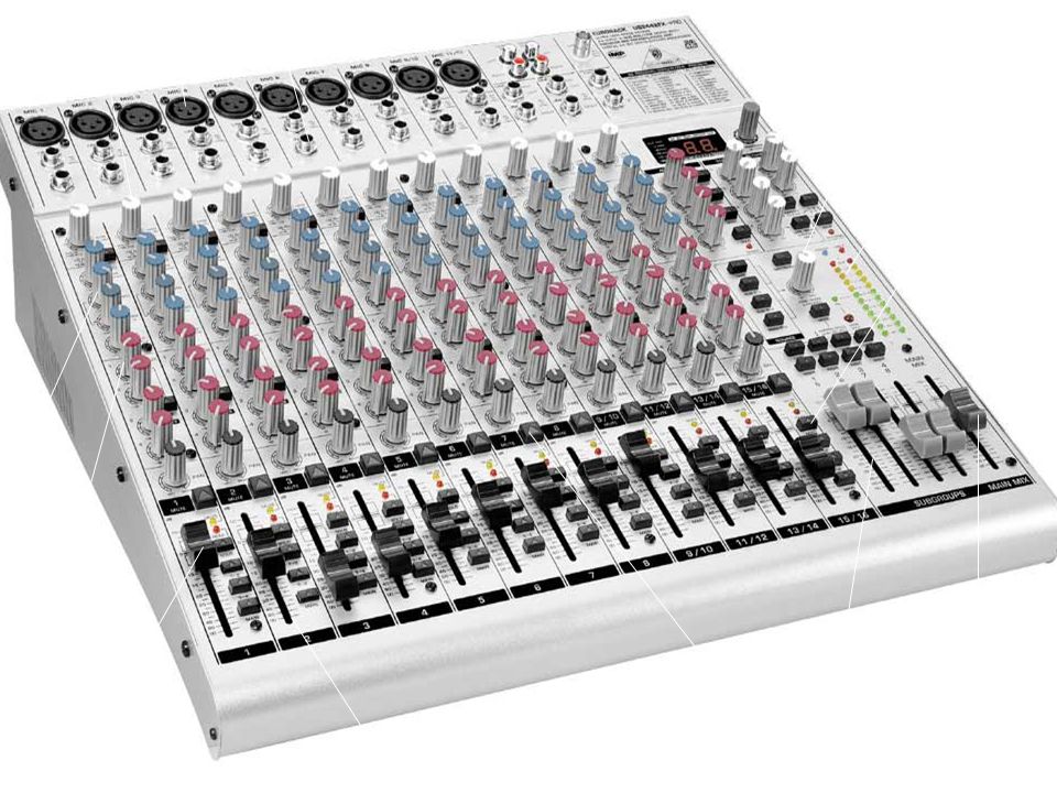 Línea Mic. Gain. Control Room. Led Meter. Asignaciones. Equaliz. Auxiliar. Grupos. Main Mix.