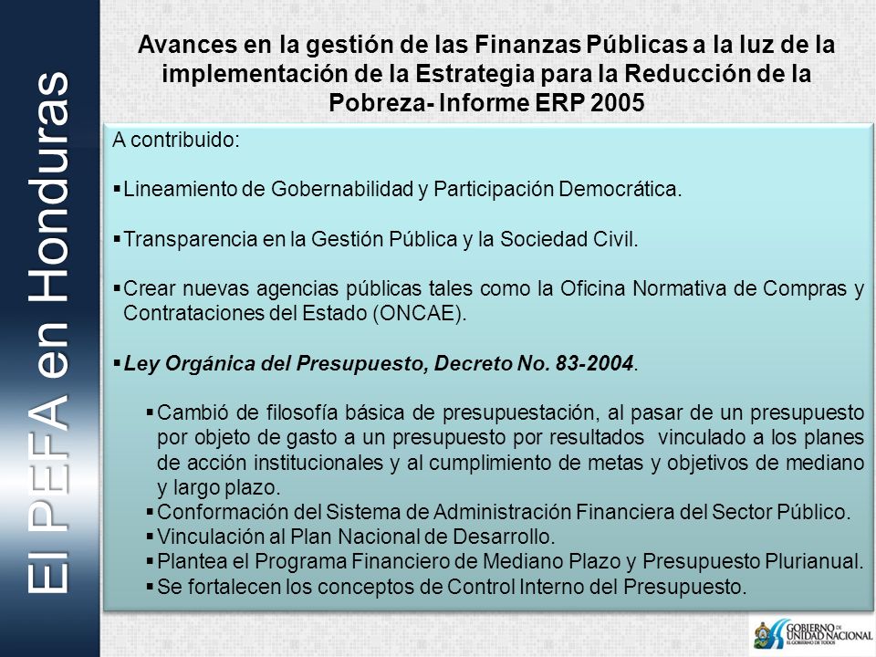 Avances en la gestión de las Finanzas Públicas a la luz de la implementación de la Estrategia para la Reducción de la Pobreza- Informe ERP 2005