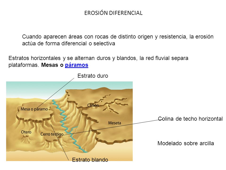 EROSIÓN DIFERENCIAL Cuando aparecen áreas con rocas de distinto origen y resistencia, la erosión. actúa de forma diferencial o selectiva.