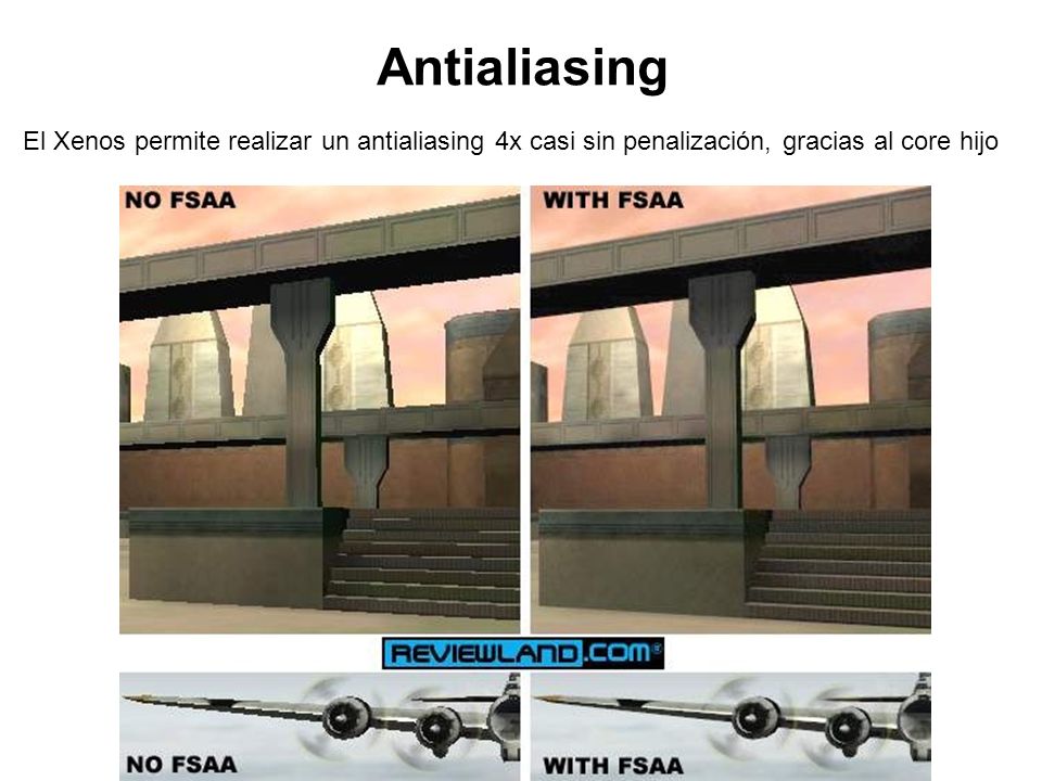 Antialiasing El Xenos permite realizar un antialiasing 4x casi sin penalización, gracias al core hijo.