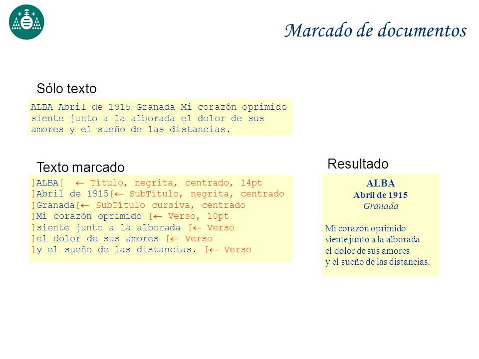 Marcado de documentos Sólo texto Resultado Texto marcado ALBA