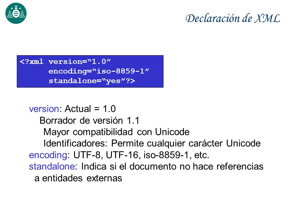 Declaración de XML version: Actual = 1.0 Borrador de versión 1.1