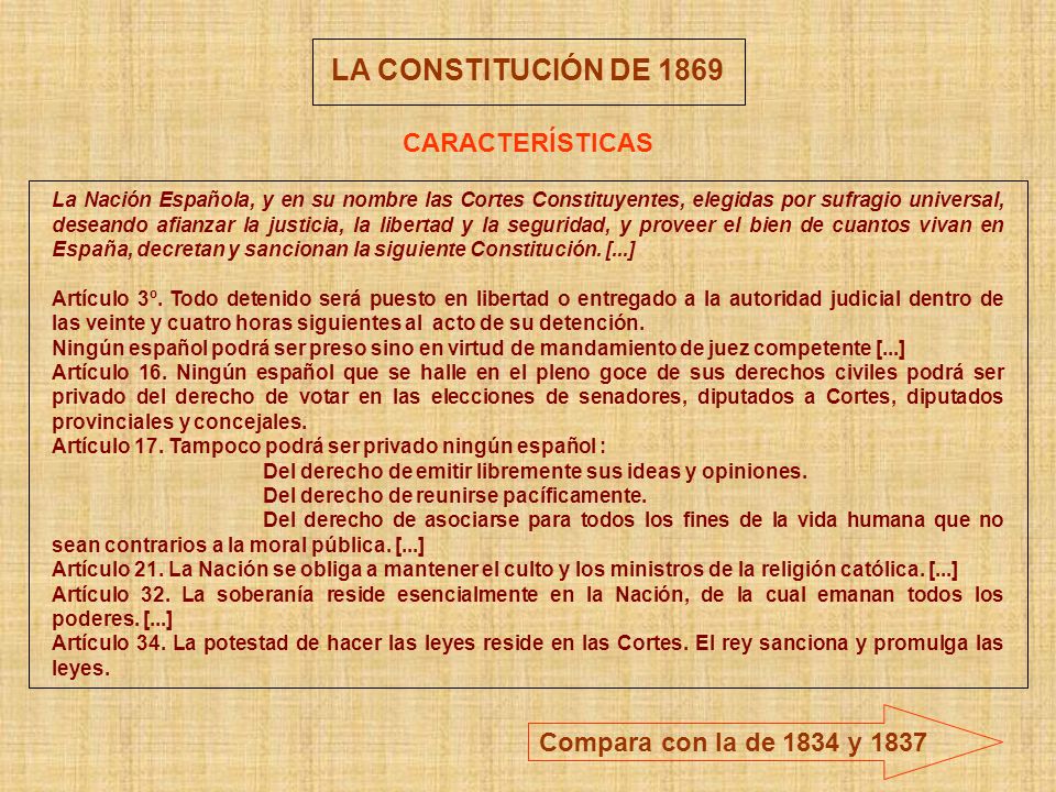 LA CONSTITUCIÓN DE 1869 CARACTERÍSTICAS Compara con la de 1834 y 1837