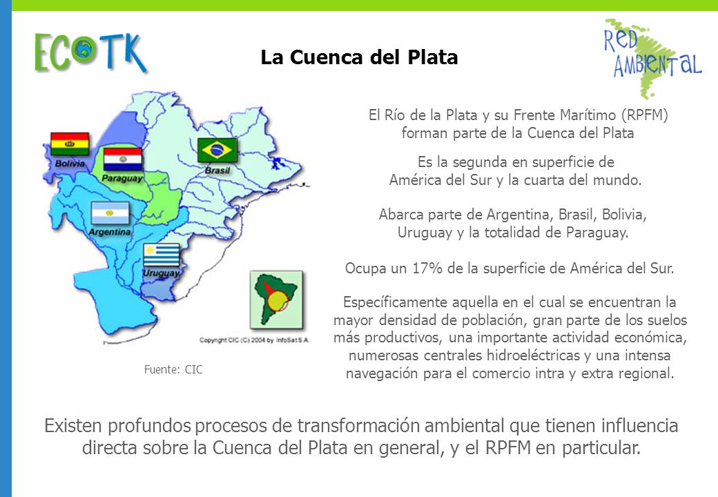 La Cuenca del Plata Fuente: CIC. El Río de la Plata y su Frente Marítimo (RPFM) forman parte de la Cuenca del Plata.