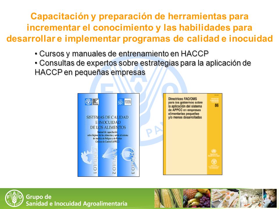 Capacitación y preparación de herramientas para incrementar el conocimiento y las habilidades para desarrollar e implementar programas de calidad e inocuidad