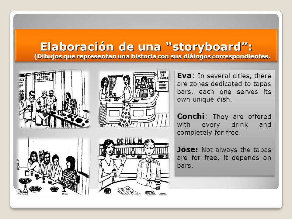 Elaboración de una storyboard : (Dibujos que representan una historia con sus diálogos correspondientes.