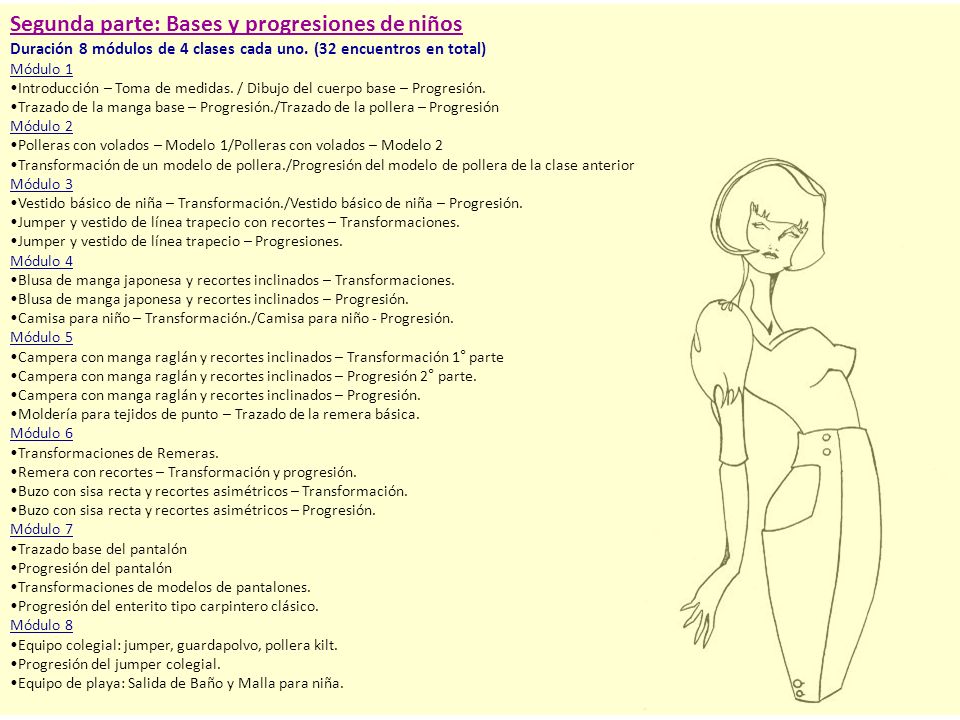 Segunda parte: Bases y progresiones de niños Duración 8 módulos de 4 clases cada uno. (32 encuentros en total) Módulo 1