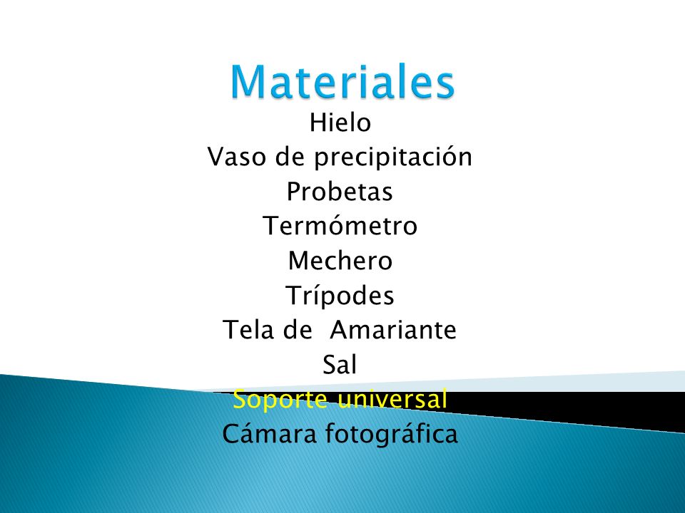 Materiales Hielo Vaso de precipitación Probetas Termómetro Mechero
