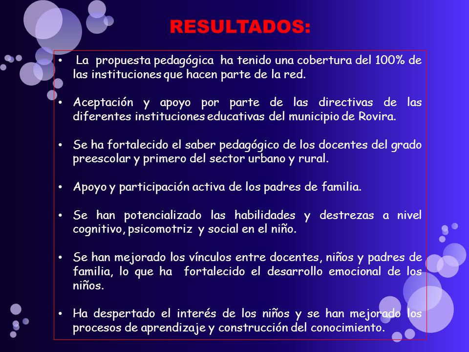 RESULTADOS: La propuesta pedagógica ha tenido una cobertura del 100% de las instituciones que hacen parte de la red.