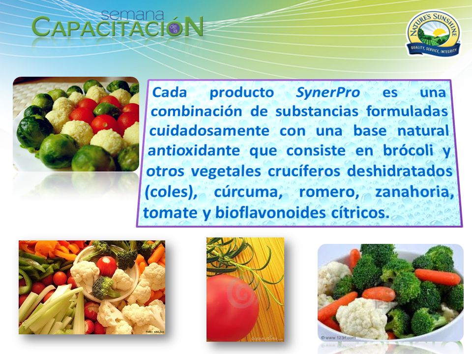Cada producto SynerPro es una combinación de substancias formuladas cuidadosamente con una base natural antioxidante que consiste en brócoli y otros vegetales crucíferos deshidratados (coles), cúrcuma, romero, zanahoria, tomate y bioflavonoides cítricos.