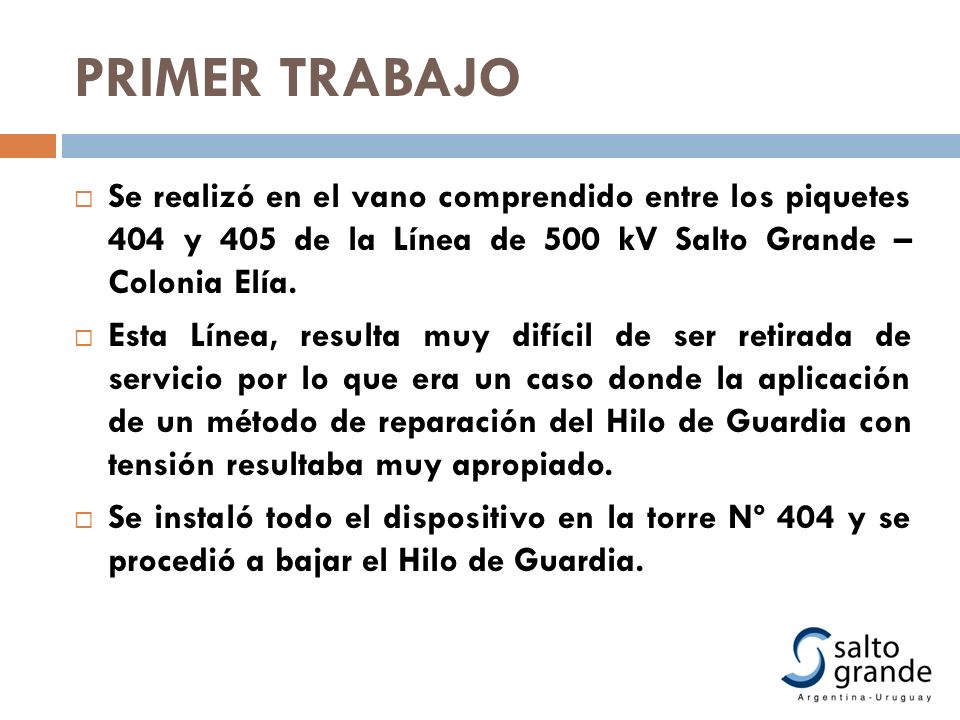 PRIMER TRABAJO Se realizó en el vano comprendido entre los piquetes 404 y 405 de la Línea de 500 kV Salto Grande – Colonia Elía.