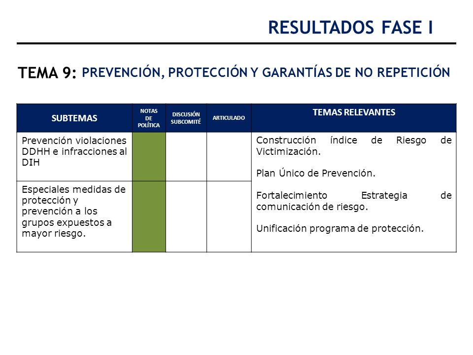 RESULTADOS FASE I TEMA 9: PREVENCIÓN, PROTECCIÓN Y GARANTÍAS DE NO REPETICIÓN. SUBTEMAS. NOTAS DE POLÍTICA.