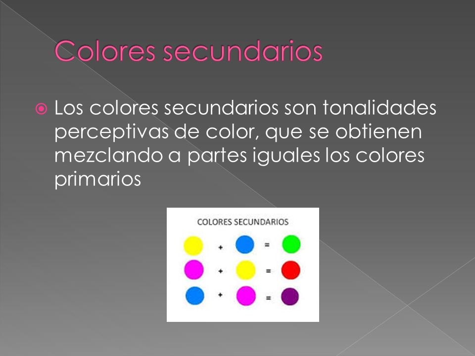 Colores secundarios Los colores secundarios son tonalidades perceptivas de color, que se obtienen mezclando a partes iguales los colores primarios.