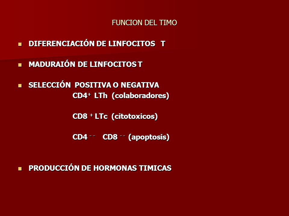 FUNCION DEL TIMO DIFERENCIACIÓN DE LINFOCITOS T. MADURAIÓN DE LINFOCITOS T. SELECCIÓN POSITIVA O NEGATIVA.