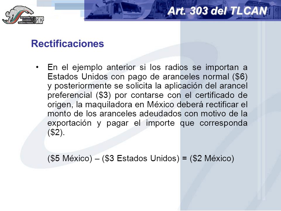 Art. 303 del TLCAN Rectificaciones