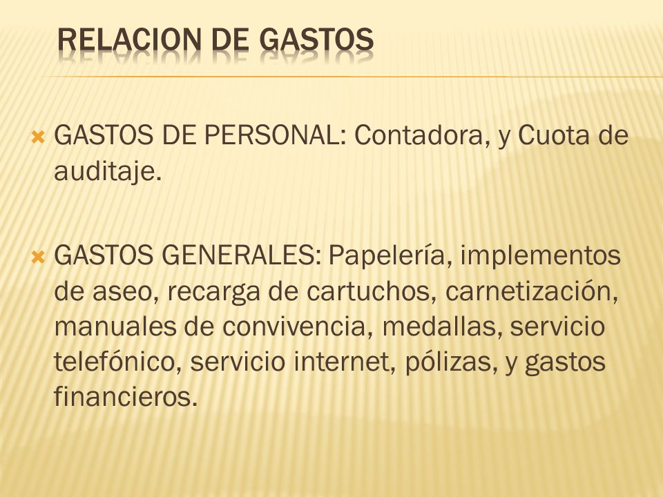 RELACION DE GASTOS GASTOS DE PERSONAL: Contadora, y Cuota de auditaje.