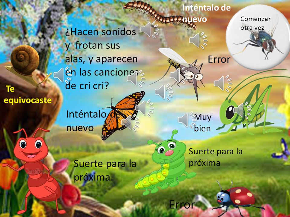 Inténtalo de nuevo Comenzar otra vez. ¿Hacen sonidos y frotan sus alas, y aparecen en las canciones de cri cri