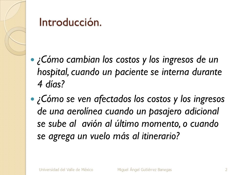 Introducción. ¿Cómo cambian los costos y los ingresos de un hospital, cuando un paciente se interna durante 4 días
