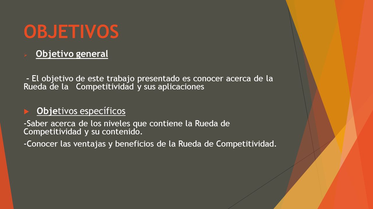 OBJETIVOS Objetivo general. - El objetivo de este trabajo presentado es conocer acerca de la Rueda de la Competitividad y sus aplicaciones.