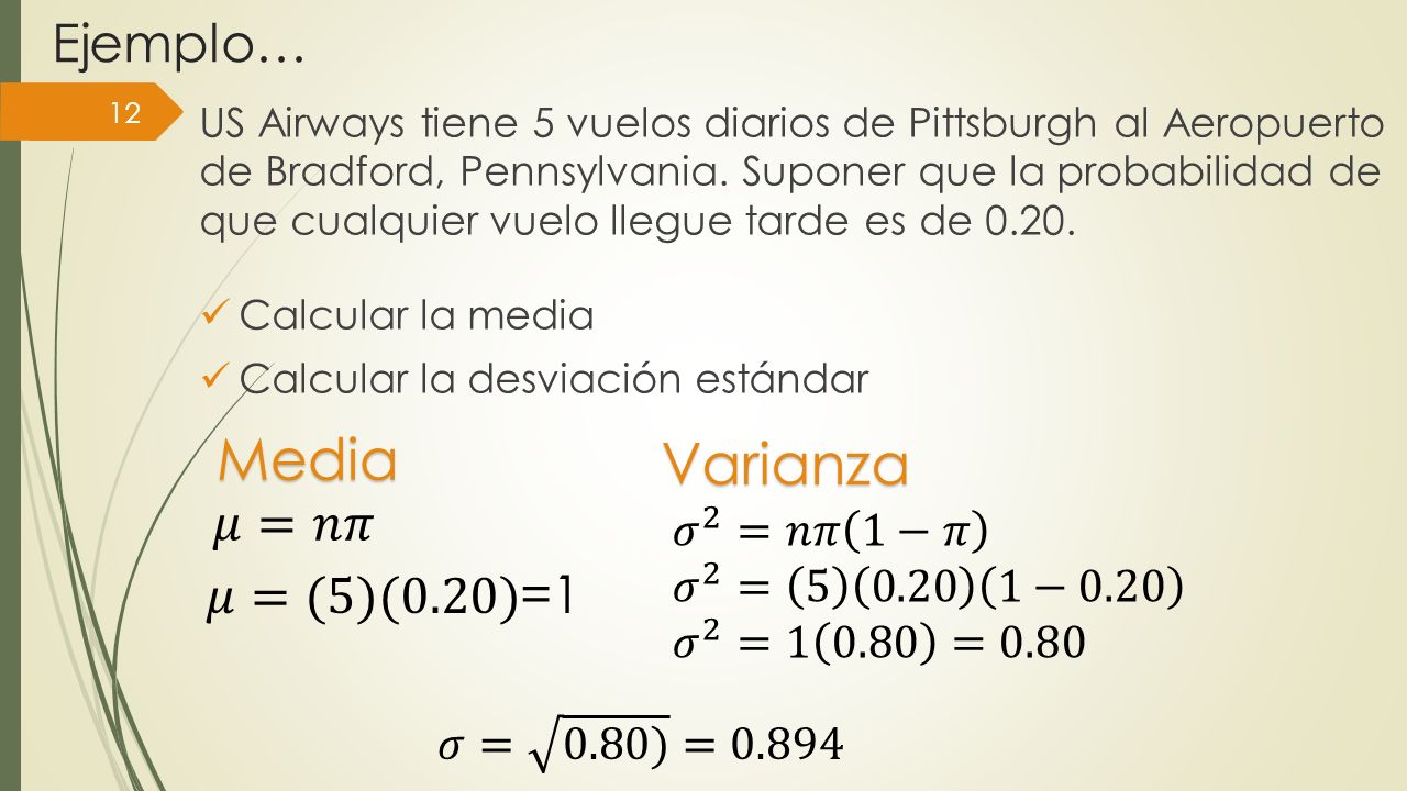 Media Varianza Ejemplo… 𝜇=𝑛𝜋 𝜇=(5)(0.20)=1 𝜎 2 =𝑛𝜋 1−𝜋