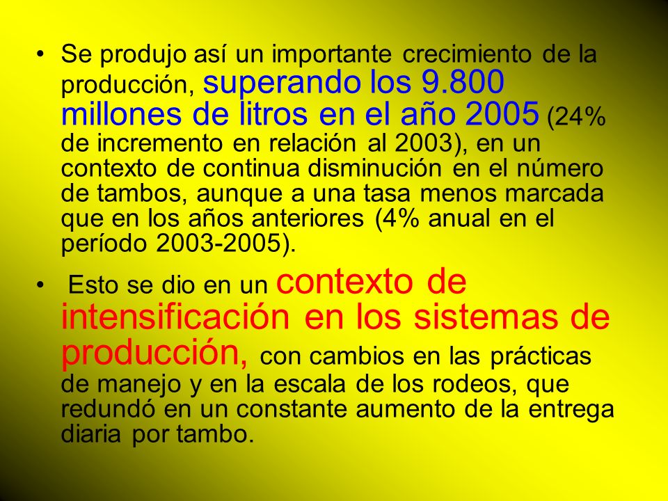 Se produjo así un importante crecimiento de la producción, superando los millones de litros en el año 2005 (24% de incremento en relación al 2003), en un contexto de continua disminución en el número de tambos, aunque a una tasa menos marcada que en los años anteriores (4% anual en el período ).