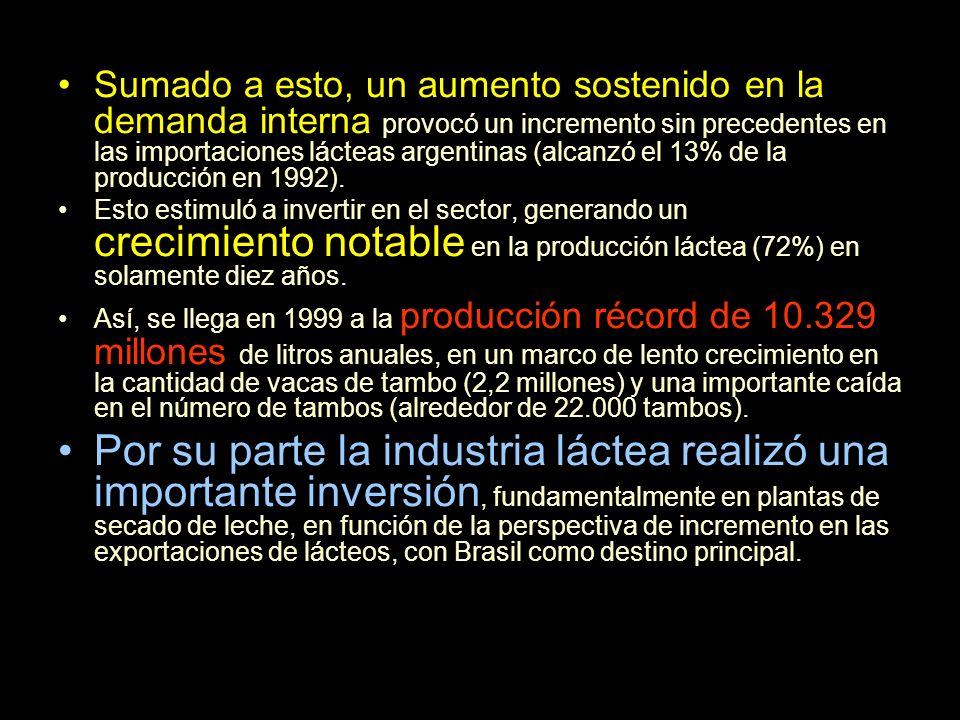 Sumado a esto, un aumento sostenido en la demanda interna provocó un incremento sin precedentes en las importaciones lácteas argentinas (alcanzó el 13% de la producción en 1992).