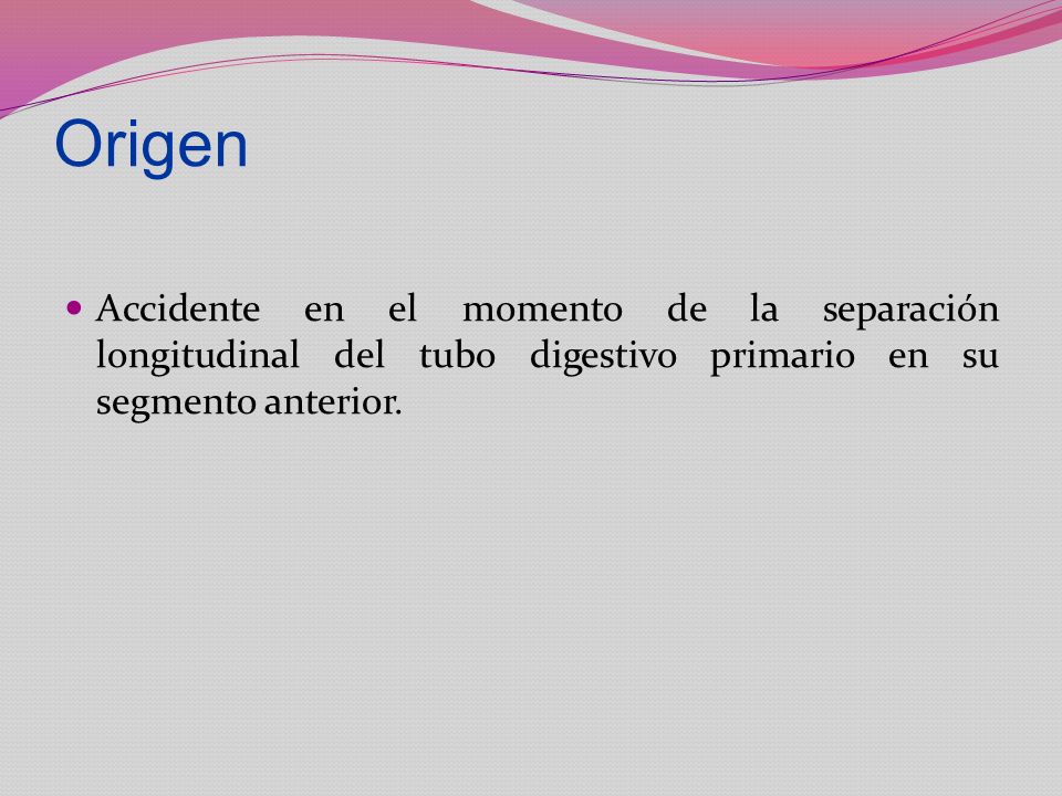 Origen Accidente en el momento de la separación longitudinal del tubo digestivo primario en su segmento anterior.