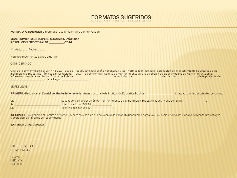 FORMATOS SUGERIDOS FORMATO A: Resolución Directoral 1 (Designación para Comité Veedor) MANTENIMIENTO DE LOCALES ESCOLARES AÑO