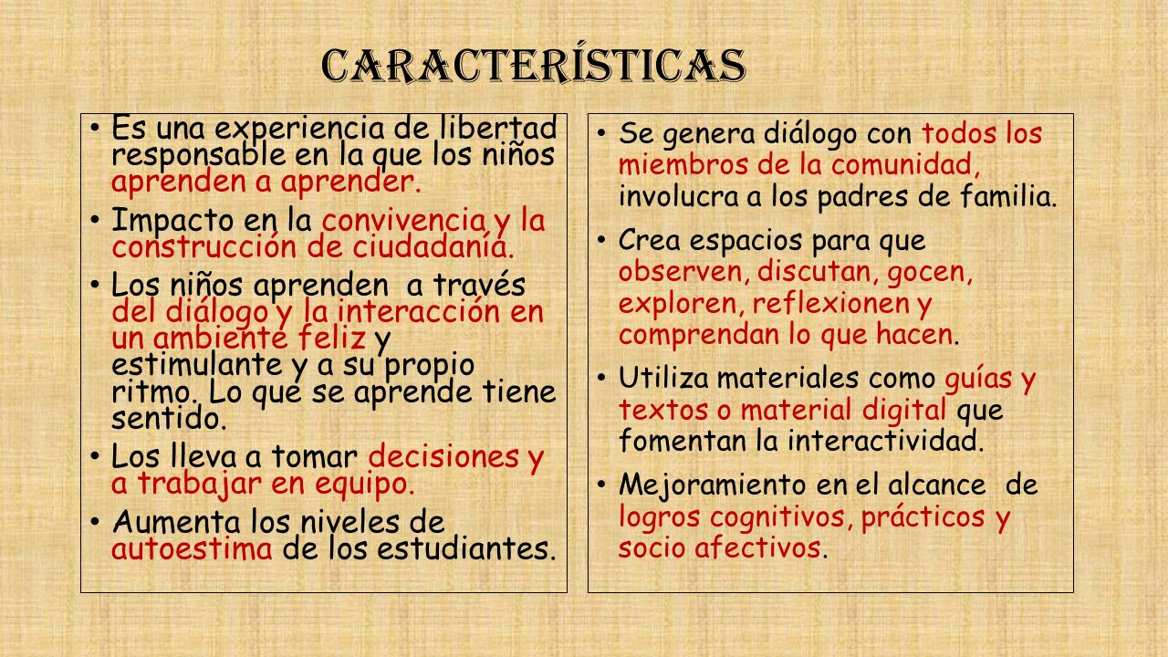 CARACTERÍSTICAS Es una experiencia de libertad responsable en la que los niños aprenden a aprender.