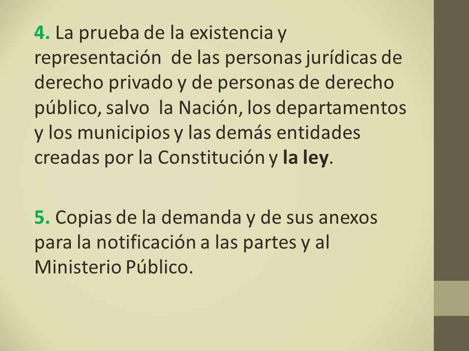 4. La prueba de la existencia y representación de las personas jurídicas de derecho privado y de personas de derecho público, salvo la Nación, los departamentos y los municipios y las demás entidades creadas por la Constitución y la ley.