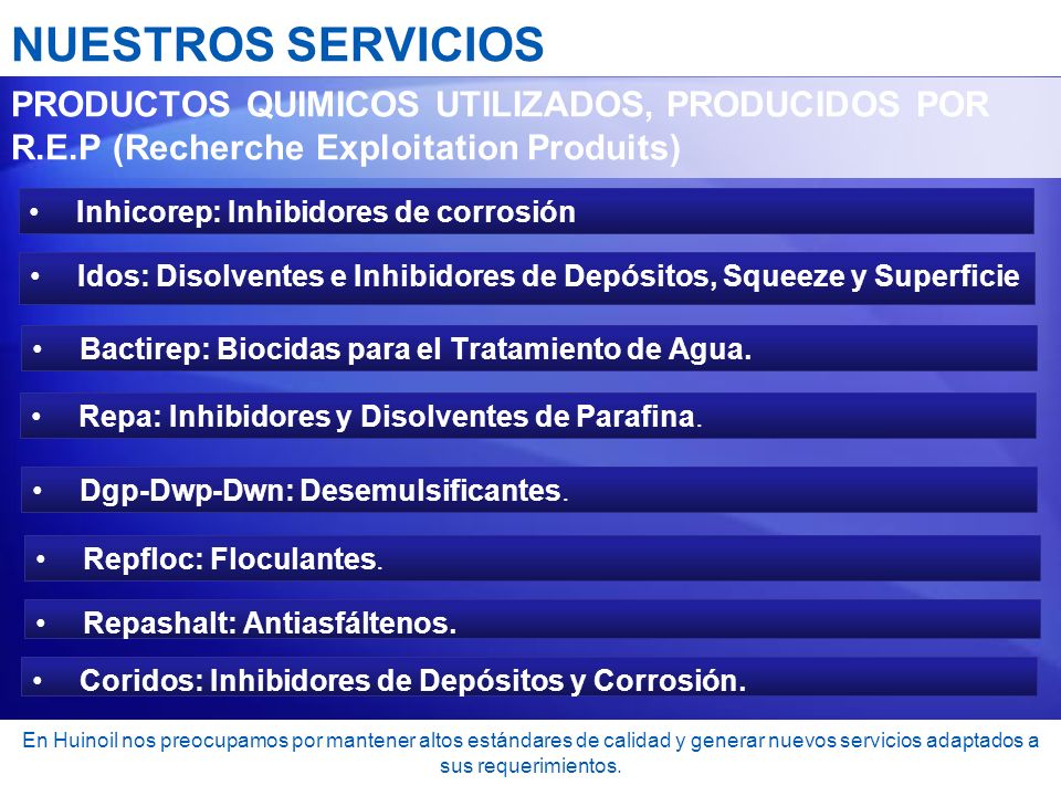 NUESTROS SERVICIOS PRODUCTOS QUIMICOS UTILIZADOS, PRODUCIDOS POR R.E.P (Recherche Exploitation Produits)