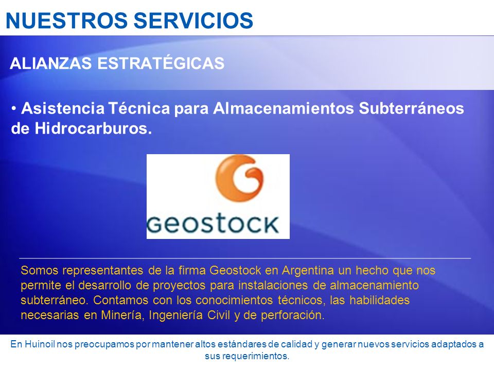 NUESTROS SERVICIOS ALIANZAS ESTRATÉGICAS. Asistencia Técnica para Almacenamientos Subterráneos de Hidrocarburos.