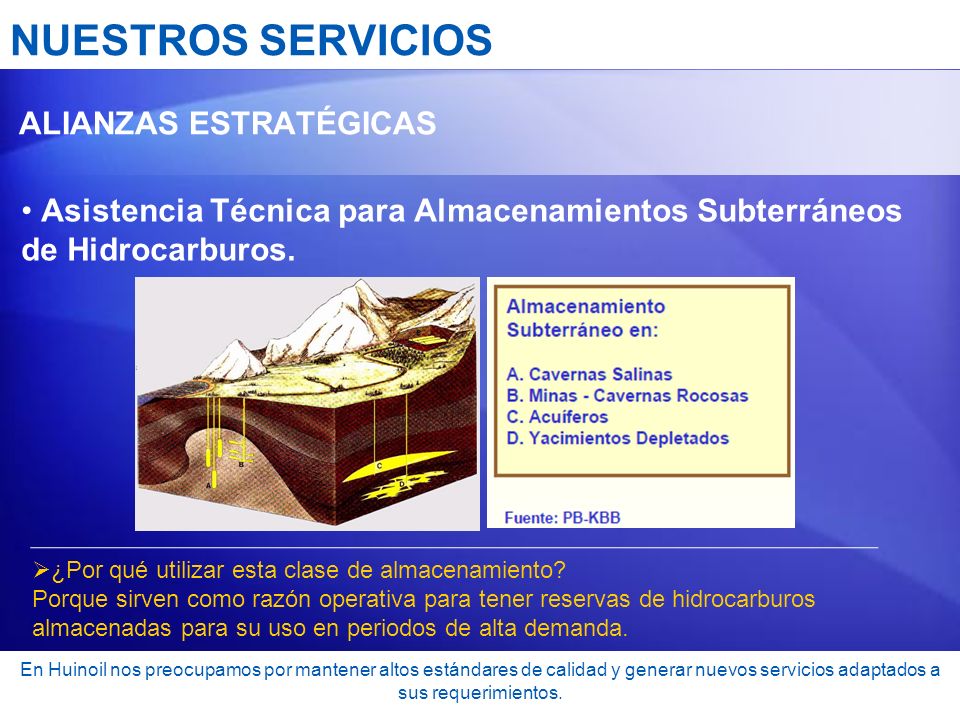 NUESTROS SERVICIOS ALIANZAS ESTRATÉGICAS. Asistencia Técnica para Almacenamientos Subterráneos de Hidrocarburos.