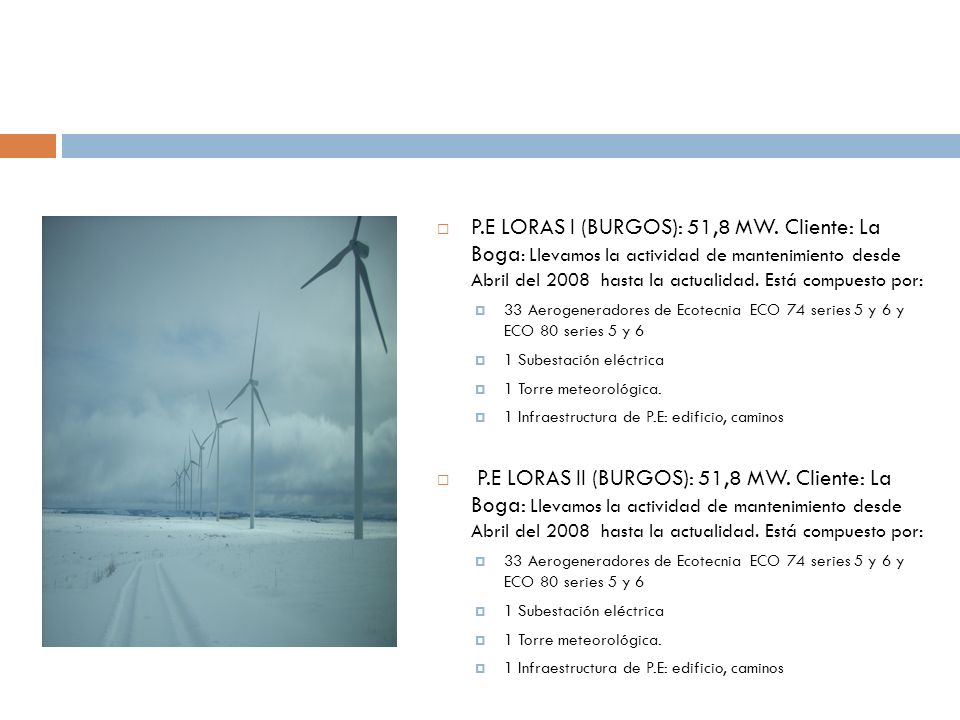 P.E LORAS I (BURGOS): 51,8 MW. Cliente: La Boga: Llevamos la actividad de mantenimiento desde Abril del 2008 hasta la actualidad. Está compuesto por: