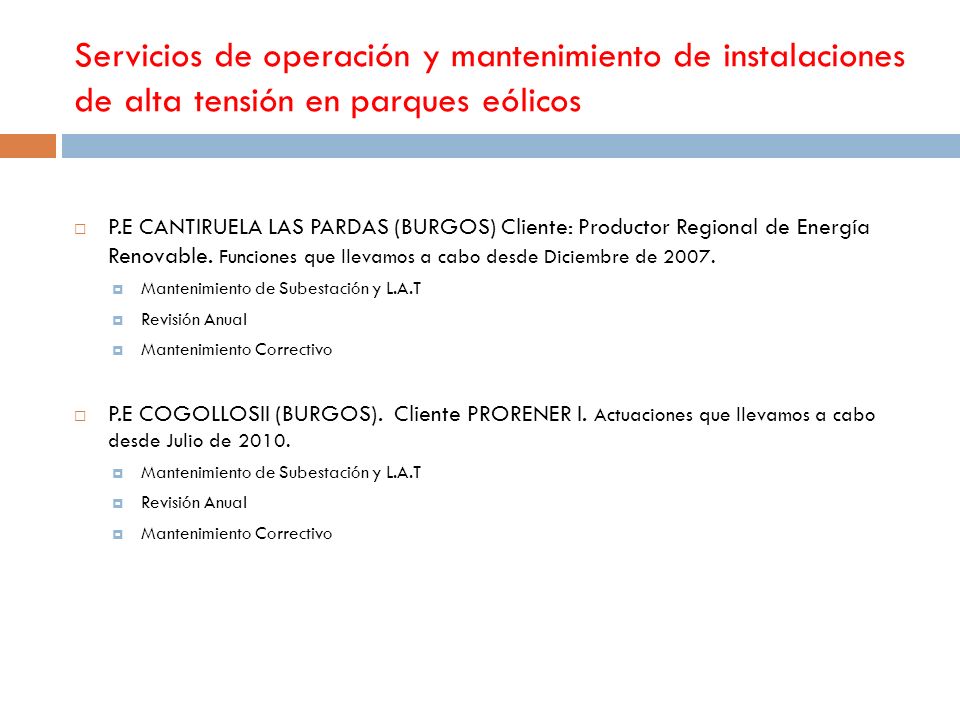Servicios de operación y mantenimiento de instalaciones de alta tensión en parques eólicos