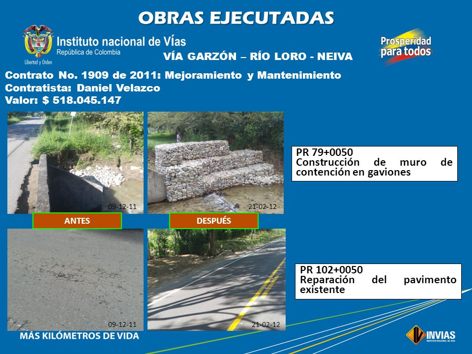 OBRAS EJECUTADAS VÍA GARZÓN – RÍO LORO - NEIVA. Contrato No de 2011: Mejoramiento y Mantenimiento.
