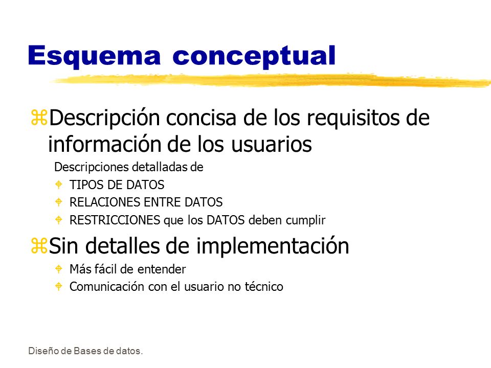 Esquema conceptual Descripción concisa de los requisitos de información de los usuarios. Descripciones detalladas de.