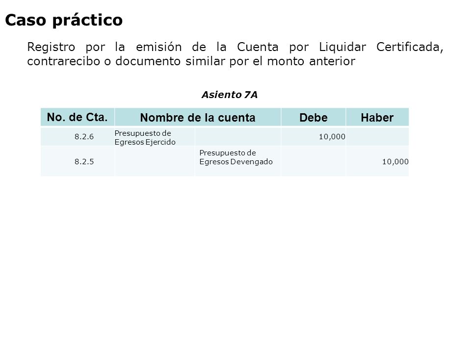 Caso práctico Registro por la emisión de la Cuenta por Liquidar Certificada, contrarecibo o documento similar por el monto anterior.