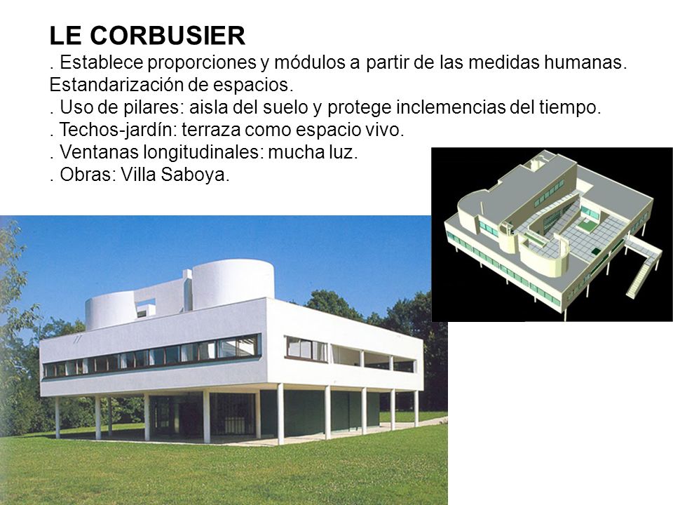 LE CORBUSIER . Establece proporciones y módulos a partir de las medidas humanas. Estandarización de espacios.