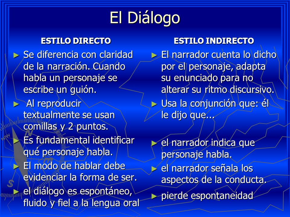 El Diálogo ESTILO DIRECTO. Se diferencia con claridad de la narración. Cuando habla un personaje se escribe un guión.