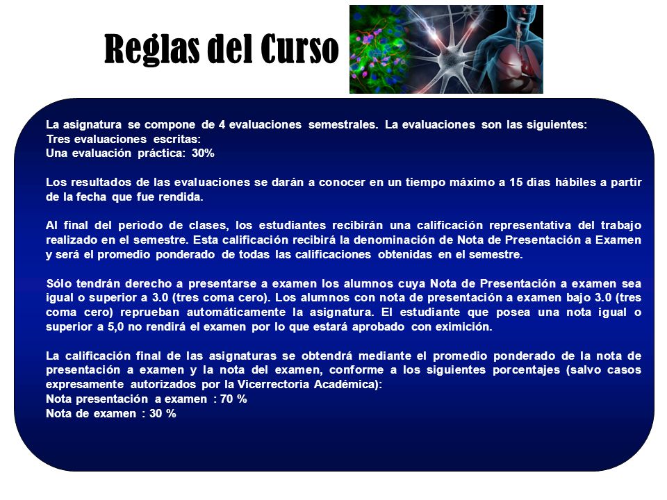 Reglas del Curso La asignatura se compone de 4 evaluaciones semestrales. La evaluaciones son las siguientes: