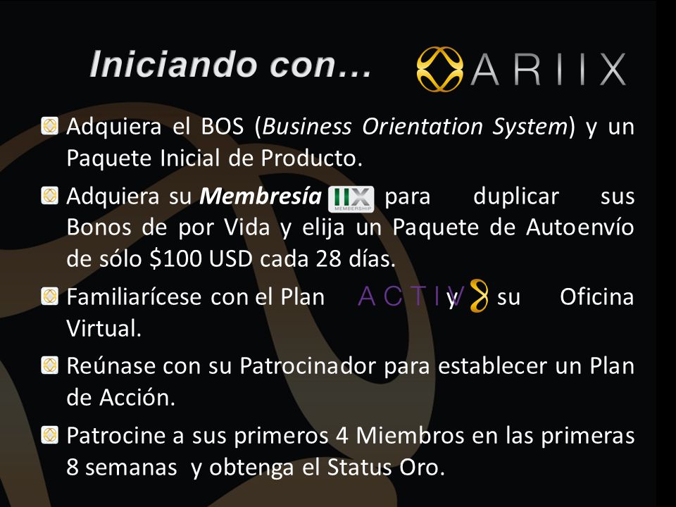 Iniciando con… Adquiera el BOS (Business Orientation System) y un Paquete Inicial de Producto.