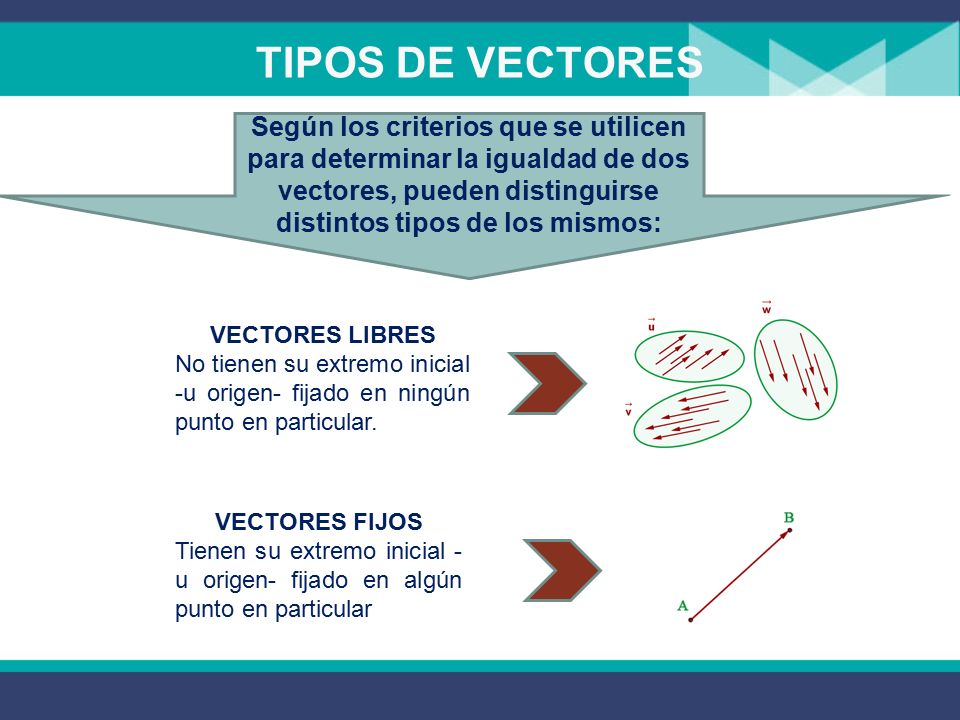 TIPOS DE VECTORES Según los criterios que se utilicen para determinar la igualdad de dos vectores, pueden distinguirse distintos tipos de los mismos: