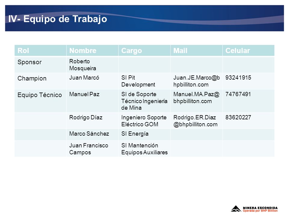 IV- Equipo de Trabajo Rol Nombre Cargo Mail Celular Sponsor Champion